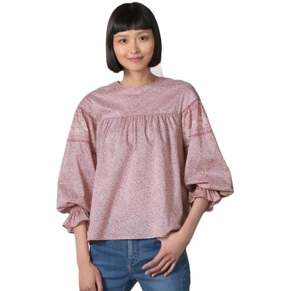 Anna Sui Uniqlo Floral Peasant Top Womens Size XS Bishop Sleeve Boho Shirt Pink